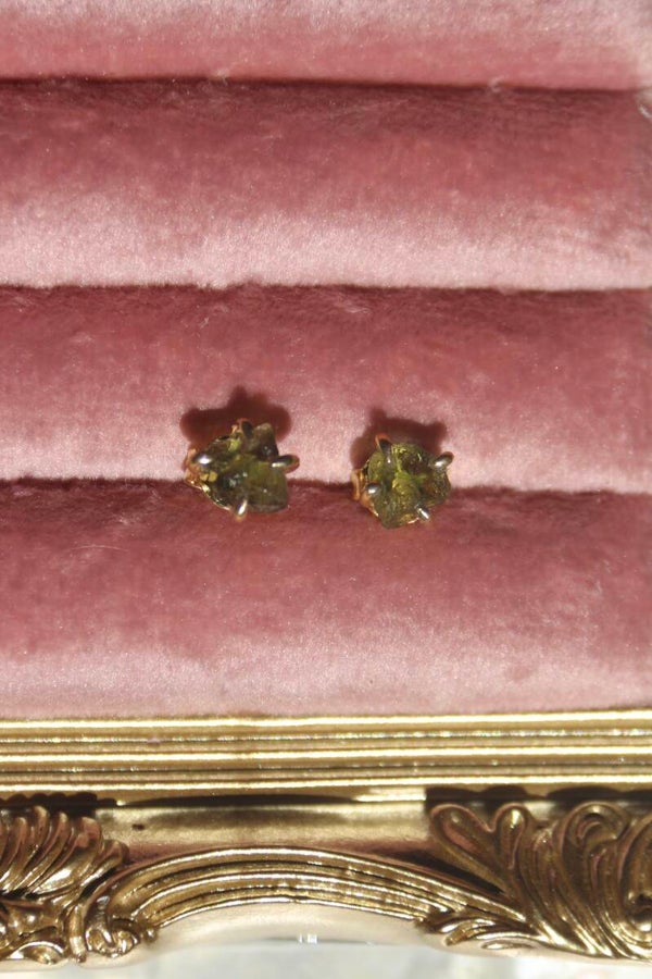Moldavite Stud Earrings | Gold