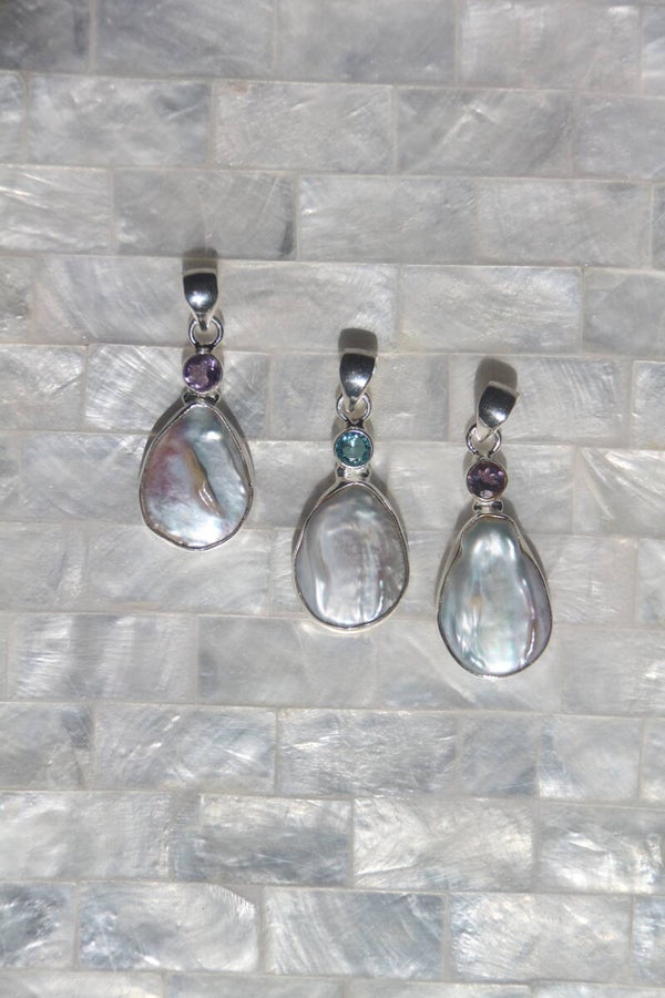 Biwa Pearl, Amethyst, Blue Topaz Pendant