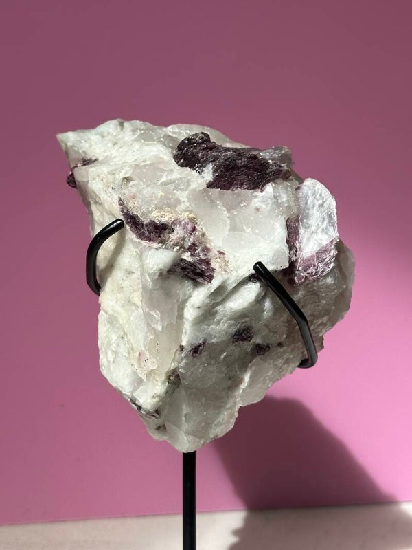 A grade Lepidolite in matrix on stand