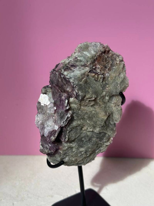 A grade Lepidolite and Pink Tourmaline in matrix on stand
