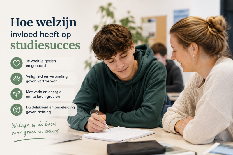Studentwelzijn en studiesucces in het mbo: student in gesprek met begeleider tijdens een ondersteunend leermoment in de klas.