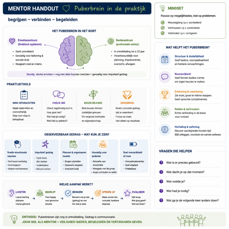 Infographic voor mentoren over het puberbrein. Toont de ontwikkeling van de prefrontale cortex (planning en impulscontrole), het beloningssysteem (gevoelig voor beloning en sociale erkenning) en de amygdala (emoties versterkt). Bevat praktische tips: mini