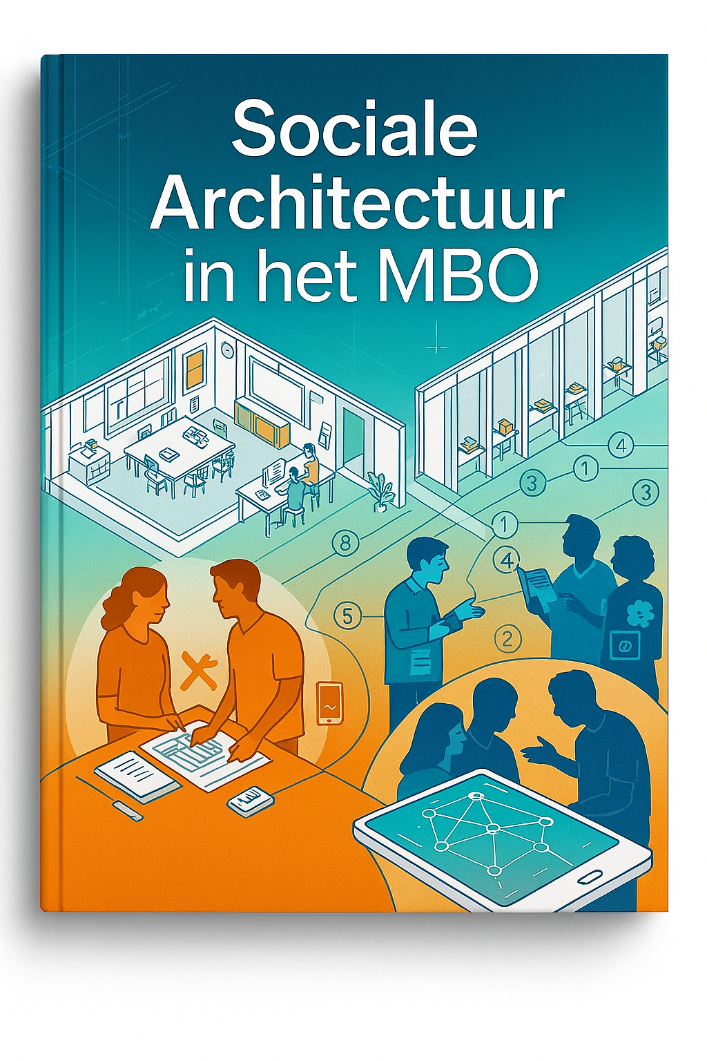 illustratie sociale architectuur in mbo onderwijs met samenwerking, leeromgevingen en verbonden rollen van studenten en docenten