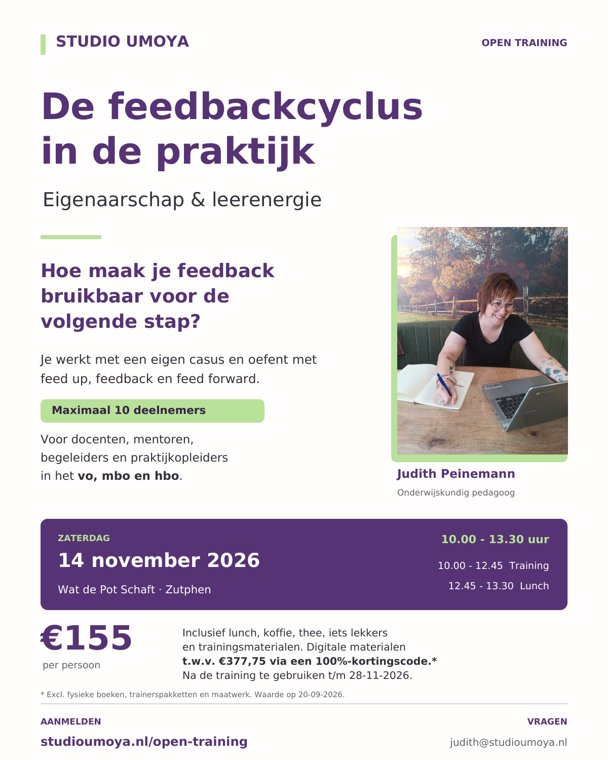 Flyer De feedbackcyclus in de praktijk. Open training met Judith Peinemann voor vo, mbo en hbo op 14 november 2026 in Zutphen, van 10.00 tot 13.30 uur. Maximaal 10 deelnemers. Deelname €155 inclusief lunch en materialen.
