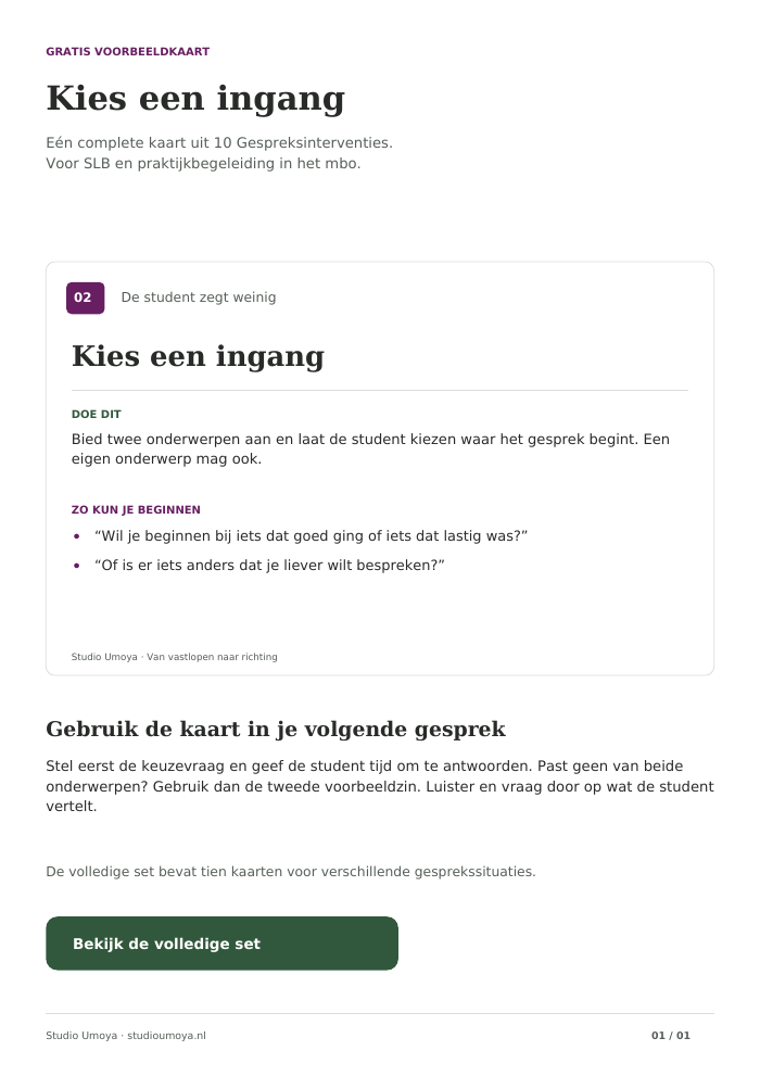 Voorbeeldkaart Kies een ingang uit 10 Gespreksinterventies