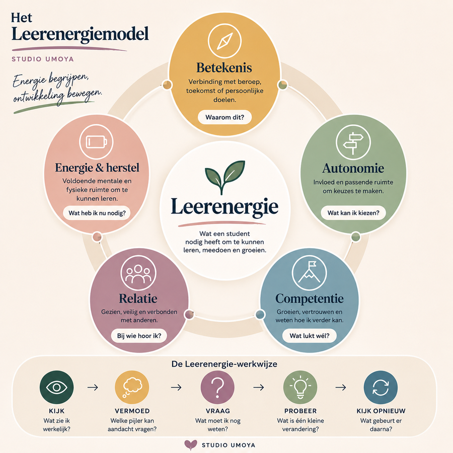 Het Leerenergiemodel van Studio Umoya: betekenis, autonomie, competentie, relatie en energie en herstel