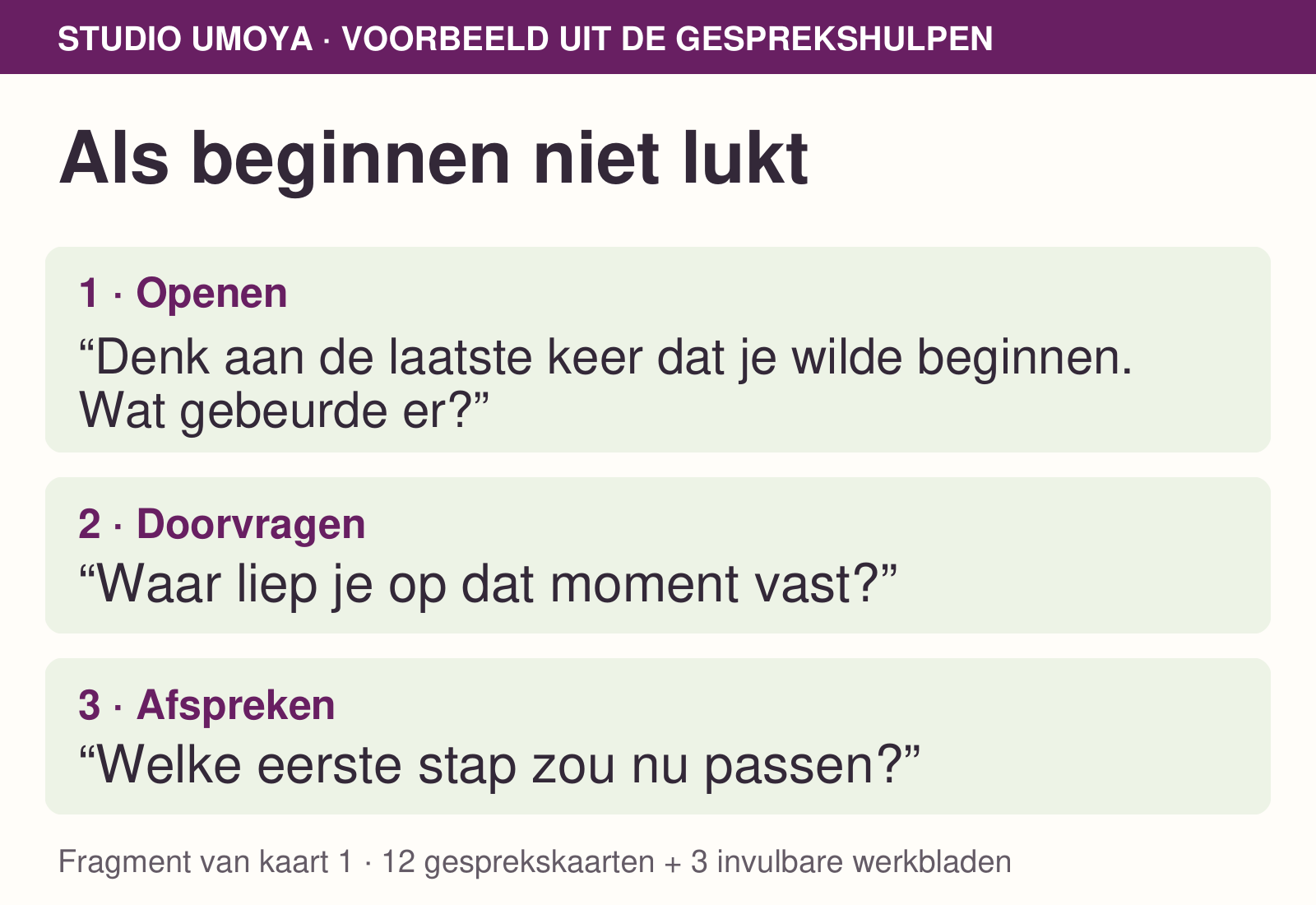 Voorbeeldkaart Als beginnen niet lukt: openen, doorvragen en afspreken