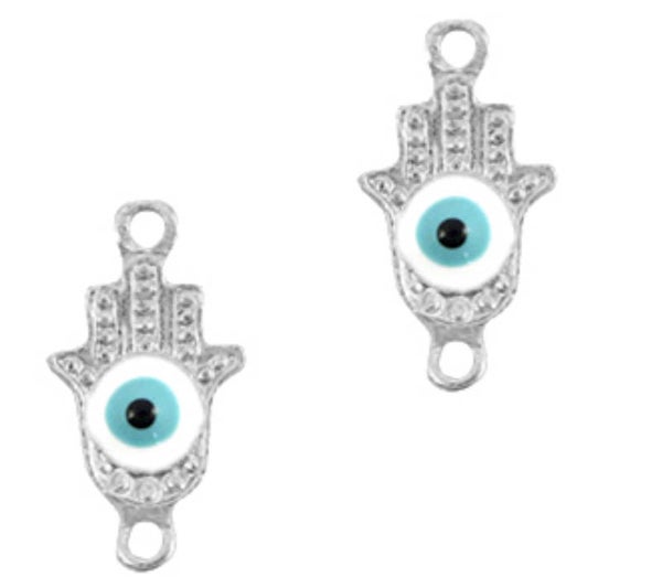 Bedel / tussenstuk Hamsa hand boze oog zilver - licht blauw