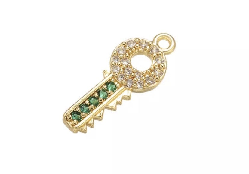 Zirkonia bedel / hanger sleutel groen / goud