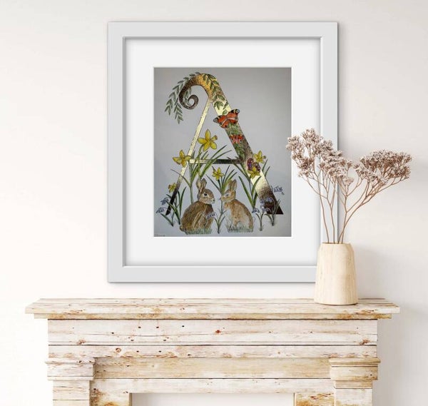 Custom made Gilded Alphabet letters with cute watercolour illustrations,