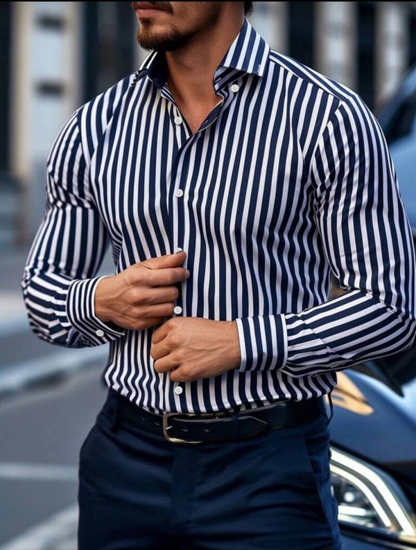 Men Casual Commute Striped Long Sleeve Shirt, Autumn, For Fall