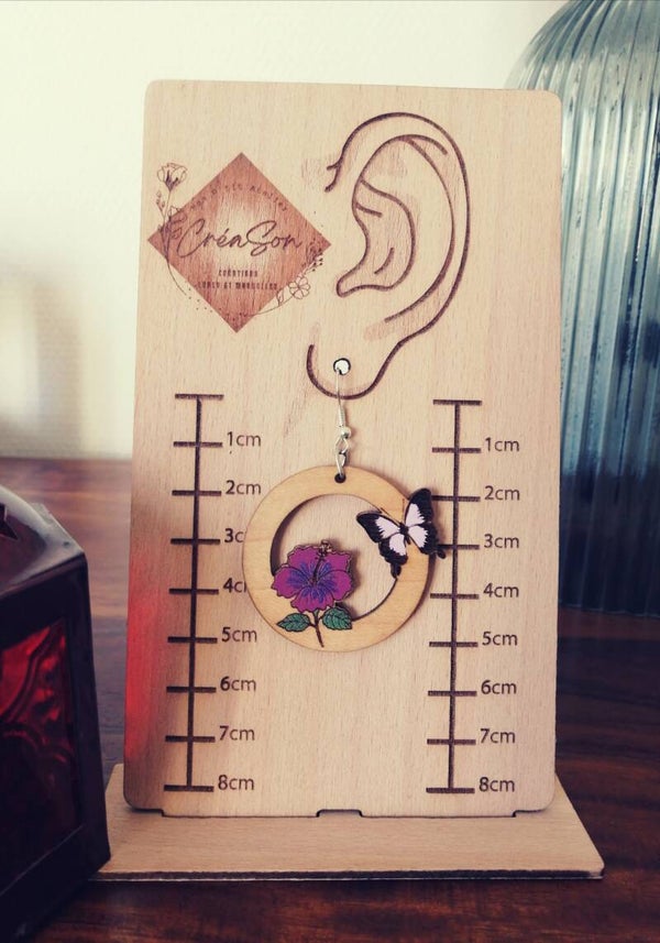 Boucles d'oreilles en bois : Hibiscus/Papillon