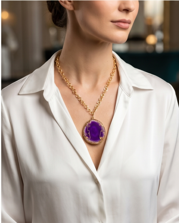 Woman's handmade wire wrapped Purple Agate medallion
