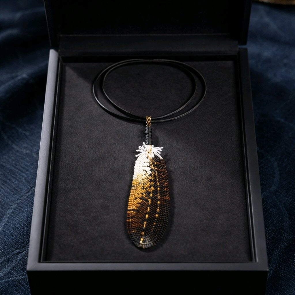 Handmade Beaded Red Tail Hawk Feather Pendant Necklace