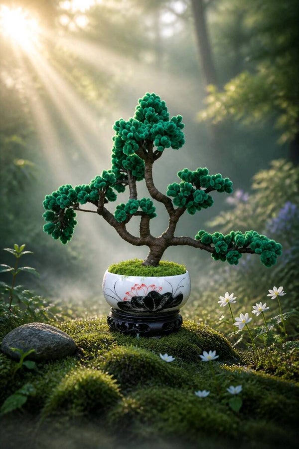 Artificial Fuzzy Wire Bonsai Tree in Ceramic Pot with stand