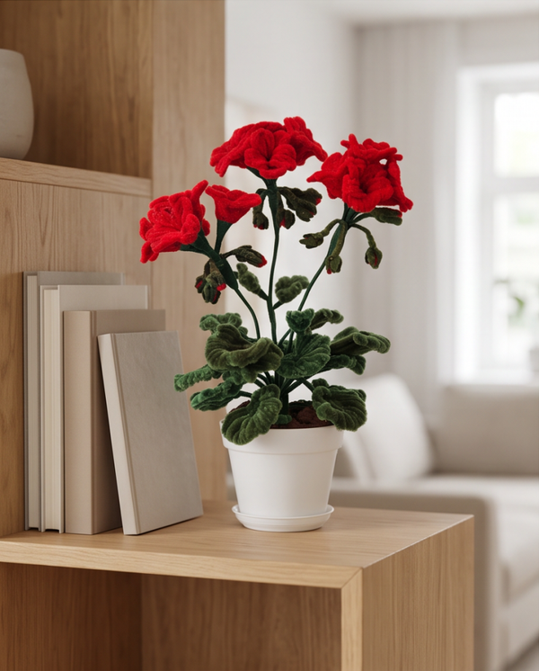 Handmade Fuzzy Wire Red Geranium Plant
