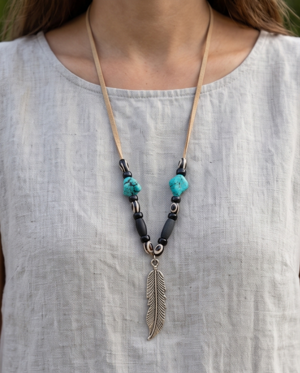 Men's or Women's Metal Feather Beaded Necklace