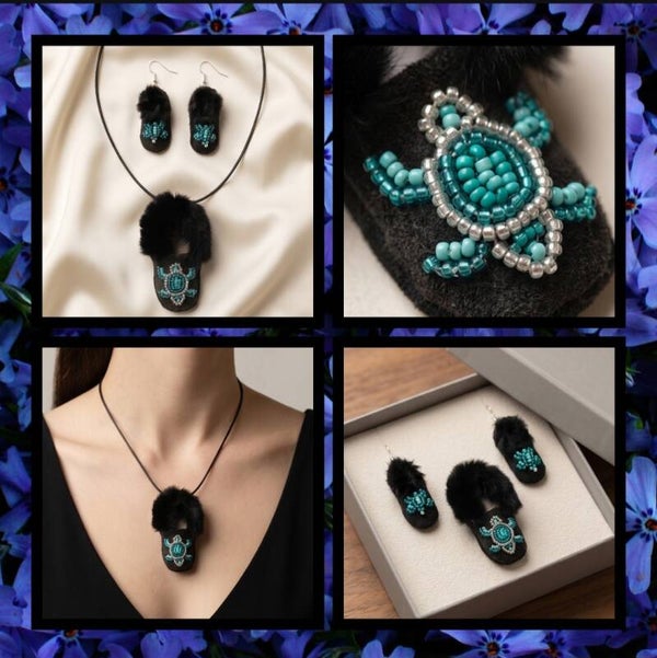 Beaded Handmade Mini Moc Turtle Earrings with Matching pendant
