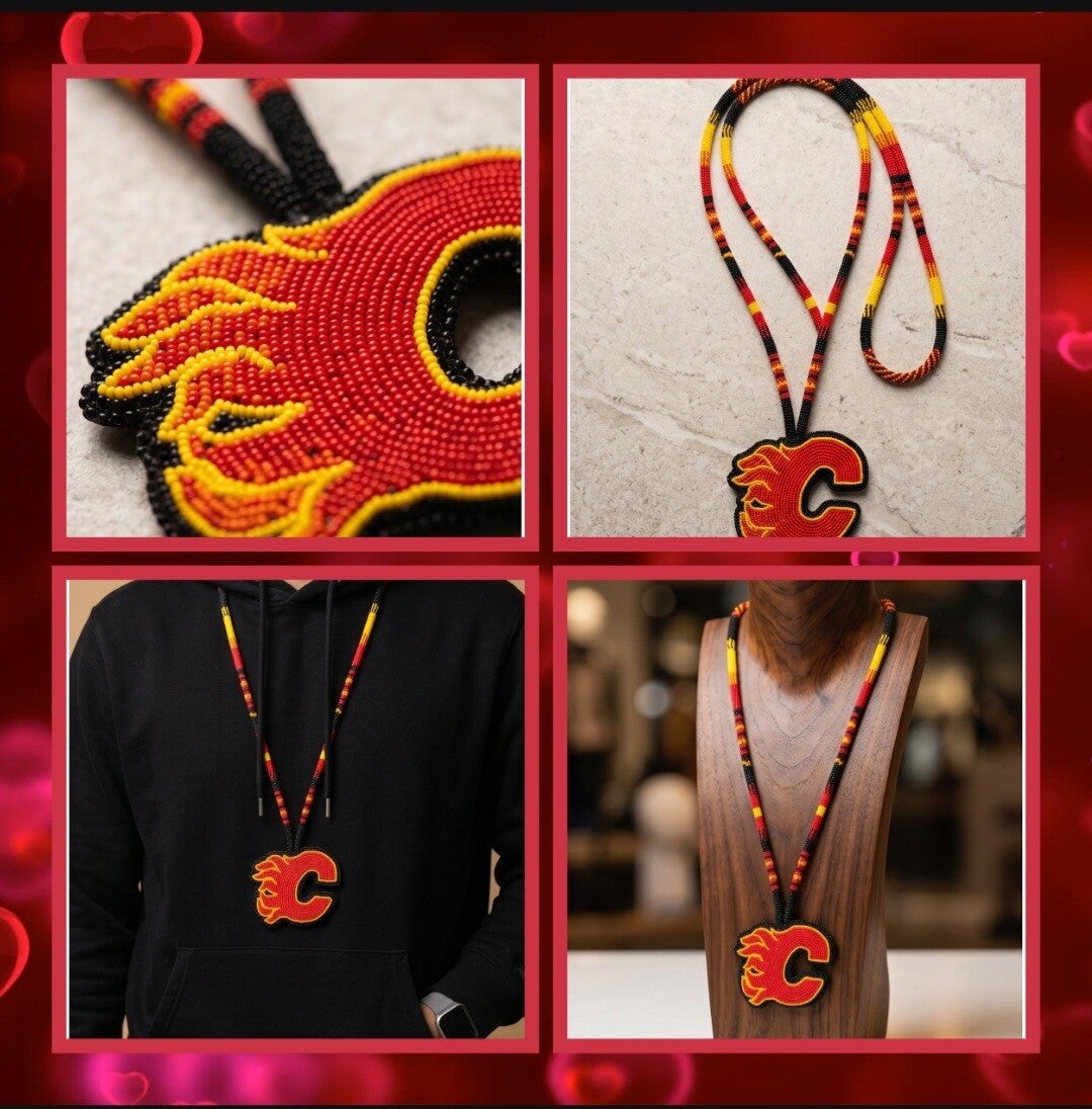 Native Beaded Calgary Flames Hockey Medallion