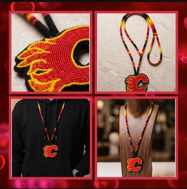 Native Beaded Calgary Flames Hockey Medallion