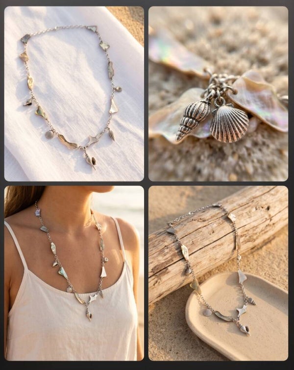Woman's abalone shell and seashell charm necklace
