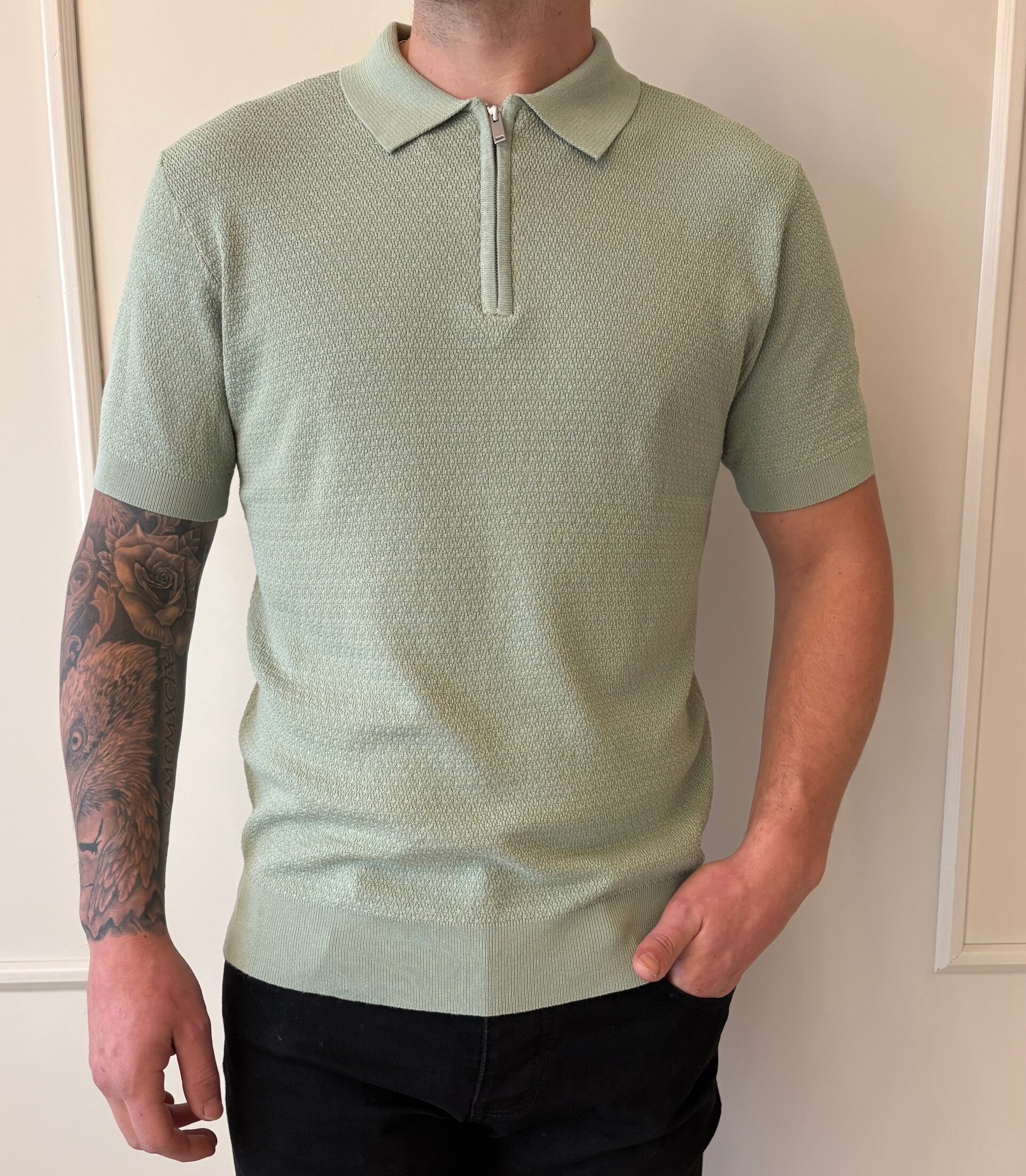 Short zip polo green