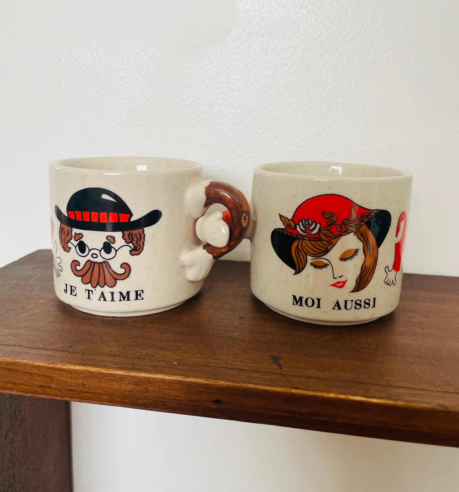 Duo tasses coquetier poivrière et salière vintage grès 70s "je t'aime / moi aussi"