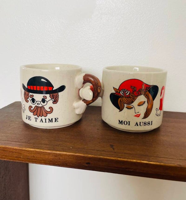 Duo tasses coquetier poivrière et salière vintage grès 70s "je t'aime / moi aussi"