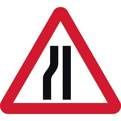 Road narrows on left ahead road sign