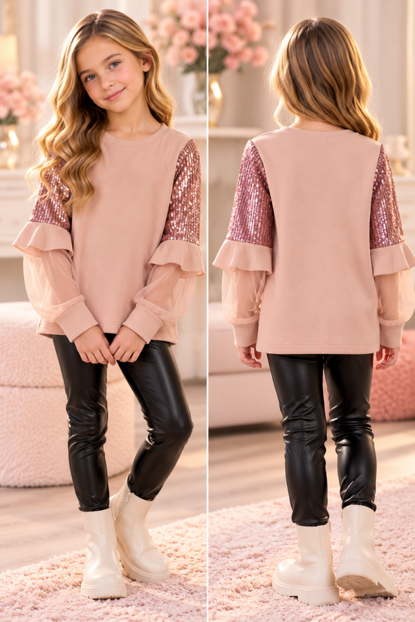 Meisjes Trui met Pailletten & Tule Mouwen – Oudroze ✨