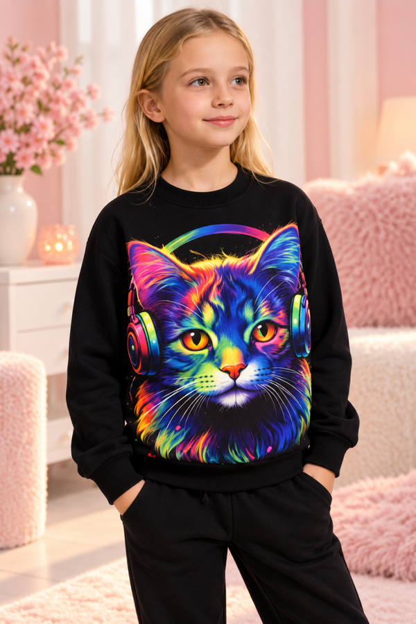 Meisjes Sweater Rainbow Cat – Zwart 🌈💕