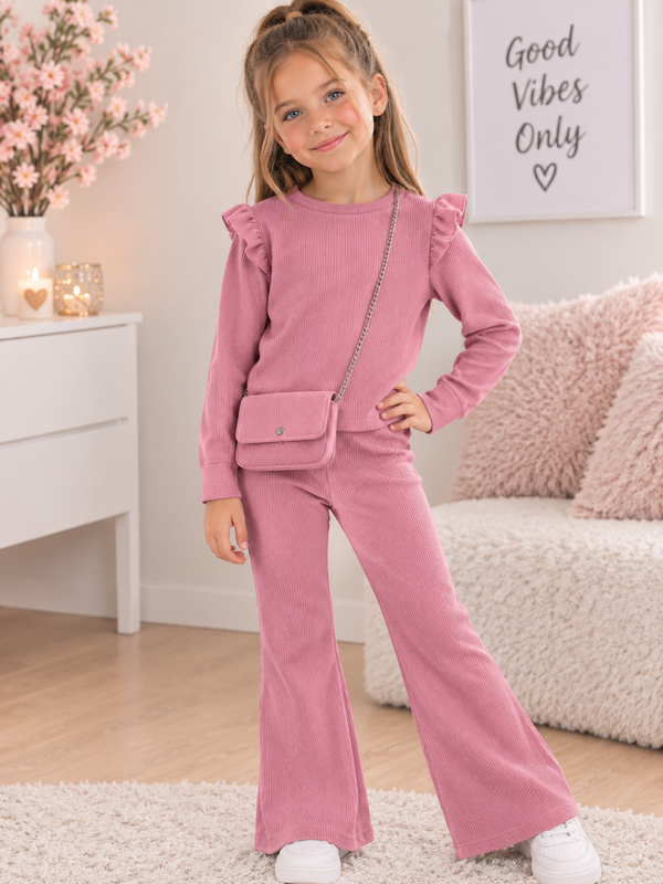Roze ribbel set met flair broek & tasje