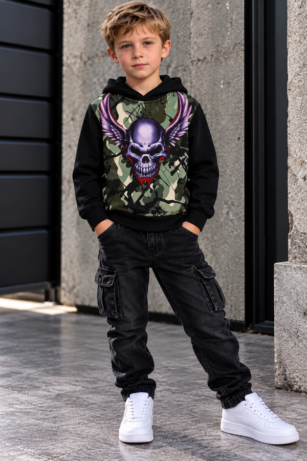 Jongens Hoodie Skull – Zwart/Camouflage 💀