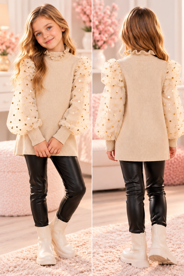 Meisjes Ribbel Tuniek met Tule Mouwen – Beige ✨