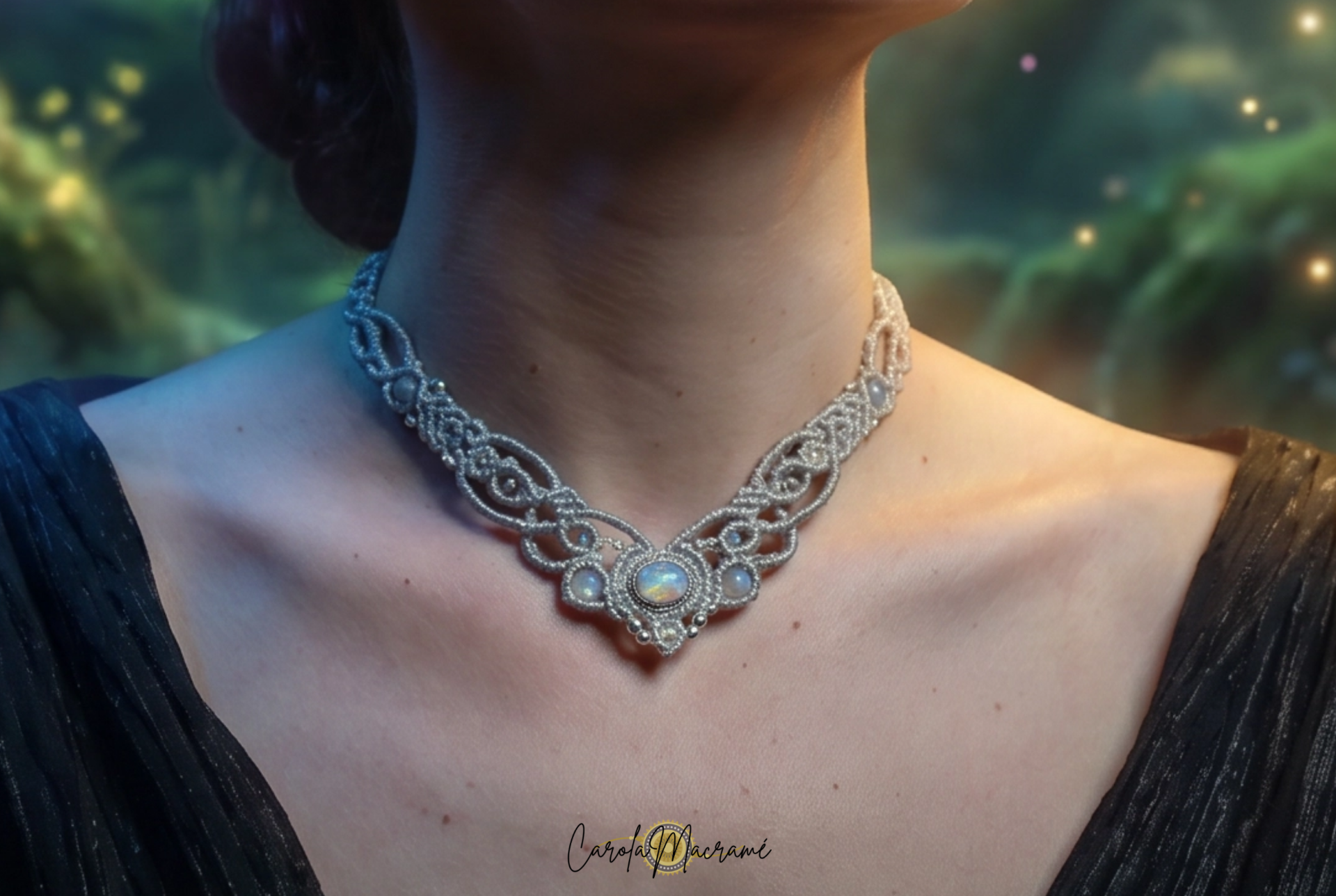 🧚‍♀️Gargantilla o Tiara Aerwyna con Ópalo de fuego etíope y Labradoritas. Plata de Ley