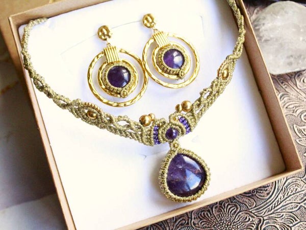 Pedido personalizado Isabel✨Conjunto de gargantilla y pendientes Afrodita con Amatistas