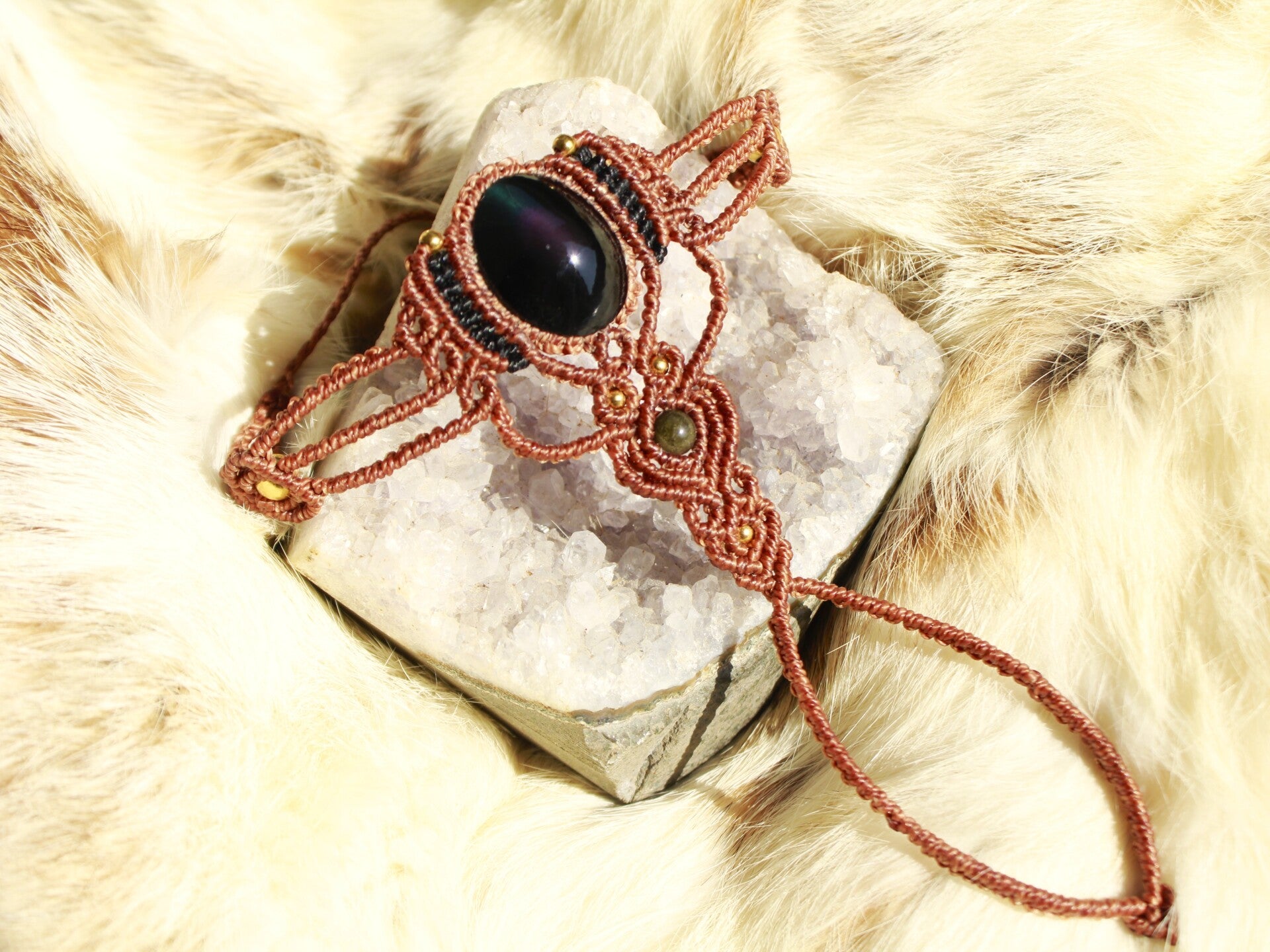 Pulsera pasamano única con Obsidiana Arcoíris y Obsidiana dorada