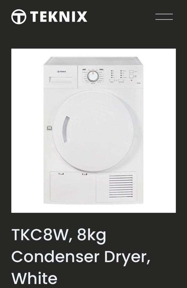 TEKNIX 8KG CONDENSER DRYER 2YR GUARANTEE