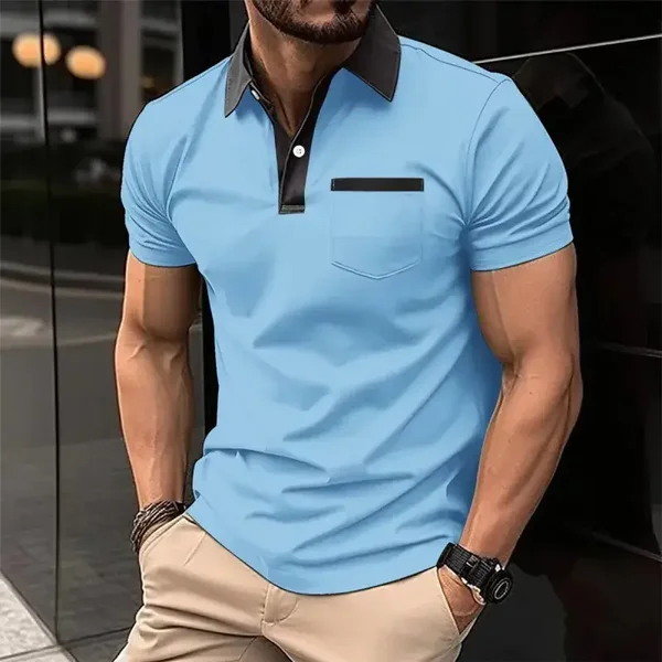 Polo da uomo con scollo a V e tasca, maniche corte, alla moda, con risvolto, vestibilità slim,