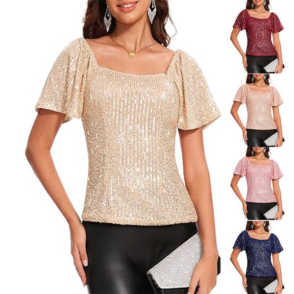 Maglia da donna alla moda con scollo quadrato, maniche corte e maniche a sbuffo con paillettes.