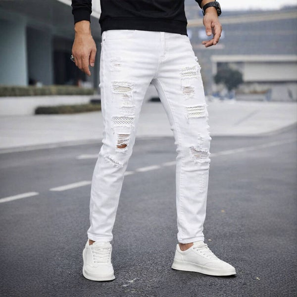 Jeans da uomo slim a gamba dritta con perline.