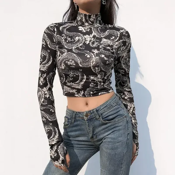 Stampa Anime Camicia Femminile Dolcevita A Maniche Lunghe Donna Ritagliata
