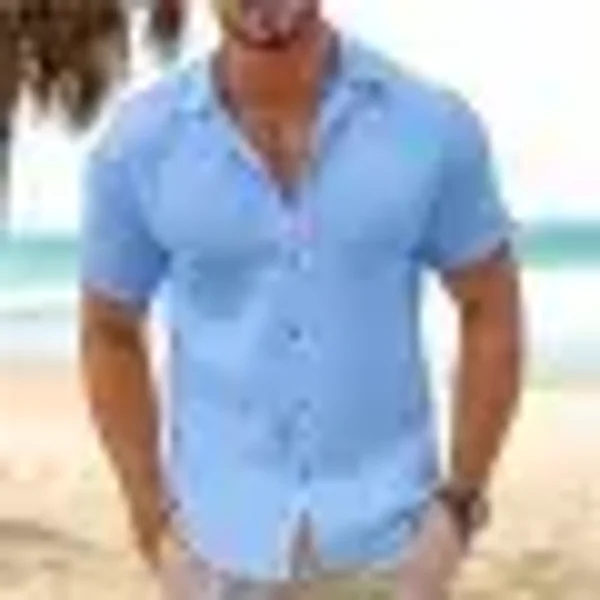 Camicia da uomo a maniche corte con bottoni, estiva, vestibilità slim, con risvolto,