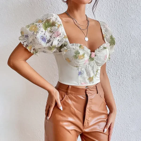 Maglietta sexy da strada senza schienale con maniche a sbuffo