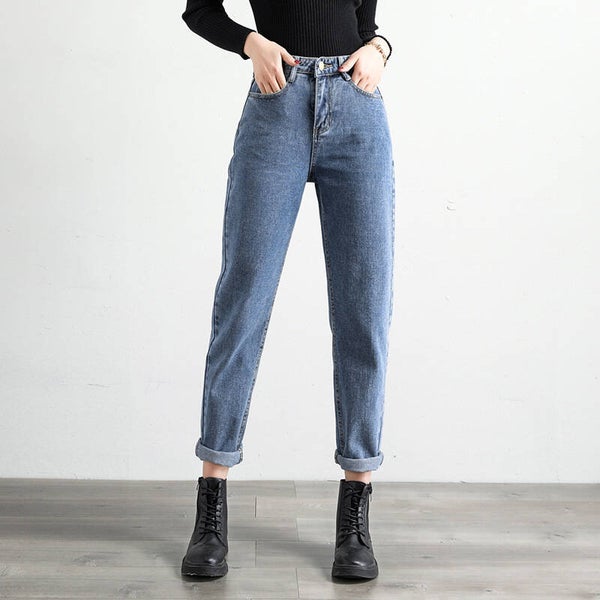 Jeans coreani larghi, pantaloni harem, vita alta, pantaloni ravanelli chic