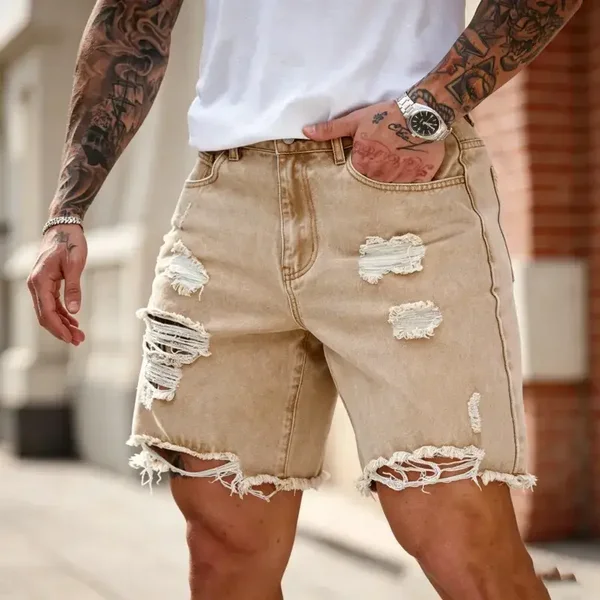 Pantaloncini casual da uomo effetto usurato con ampi strappi