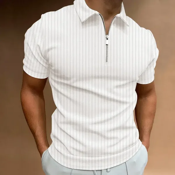 T-shirt da uomo a righe con cerniera, maniche corte, tinta unita