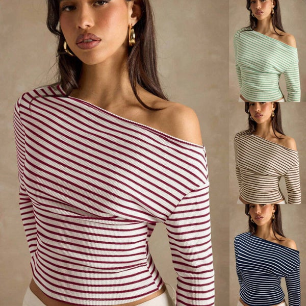 T-shirt casual alla moda a righe con spalle scoperte e scollo a V, manica lunga