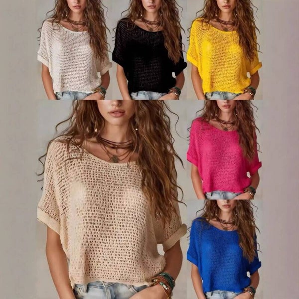 Nuovo maglione da donna a maniche corte in tinta unita, stile bohémien, lavorato uncinetto