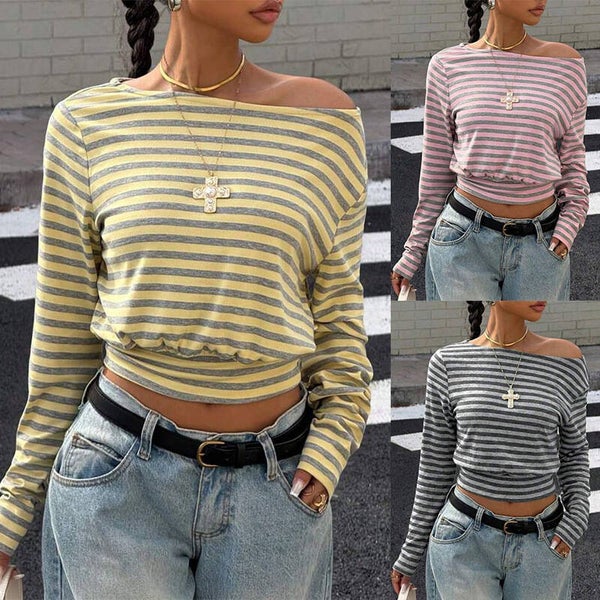 Top a maniche lunghe da donna a righe con girocollo e vita stretta